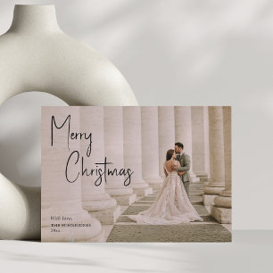 Stylish Christmas Script Overlay Wedding Photo Holiday Card