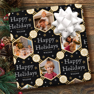 Stylish Christmas Snowflake Photo Black White Gold Wrapping Paper