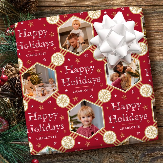 Stylish Christmas Snowflake Photo Deep Red Gold Wrapping Paper (Creator Uploaded)