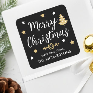 Stylish Christmas Tree Editable Name Black Square Sticker