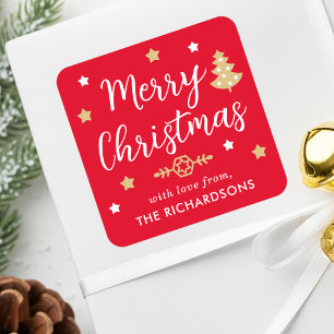 Stylish Christmas Tree Editable Name Red Square Sticker