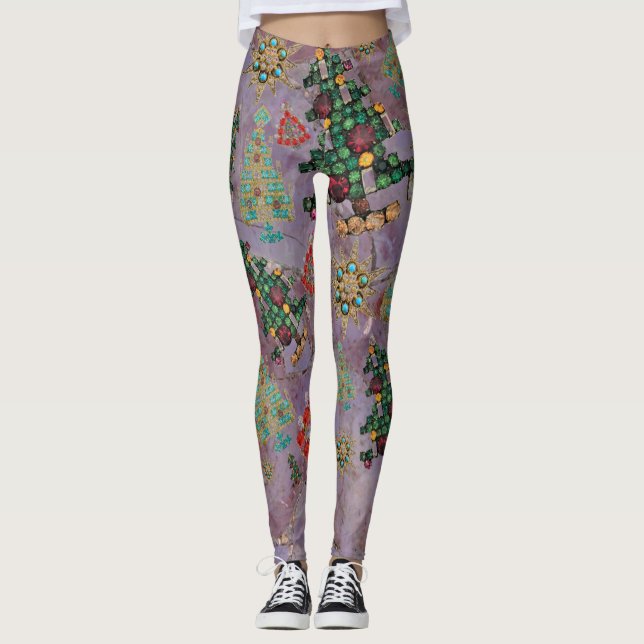 Stylish Christmas Tree Jewel Bling Purple Jade Gem Leggings (Front)