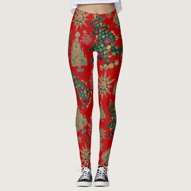 Stylish Christmas Tree Jewel Bling Red Leggings (Front)