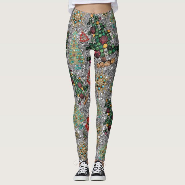 Stylish Christmas Tree Jewel Bling Silver Leggings (Front)