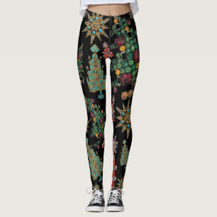 Stylish Christmas Tree Jewel Pattern Black Leggings