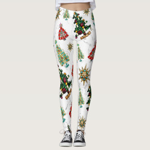Stylish Christmas Tree Jewel Pattern White  Leggings