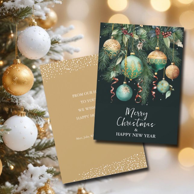 Stylish Christmas Tree Ornaments Holiday Card (Chic green and gold Christmas tree ornaments flat holiday greeting cards, message on the back)