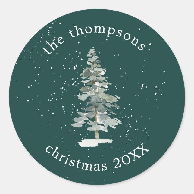 Stylish Christmas Tree Snowfall Green Classic Round Sticker (Front)