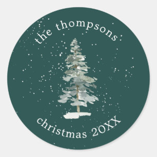 Stylish Christmas Tree Snowfall Green Classic Round Sticker