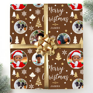 Stylish Christmas Trees Photo Collage Name Brown Wrapping Paper