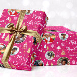 Stylish Christmas Trees Photo Collage Name Pink Wrapping Paper<br><div class="desc">Make your Christmas gift extra special with this personalised photo wrapping paper. A stylish template with five of your own photos and the recipient's name or family name. This festive design features a traditional holiday pattern with Christmas trees, snowflakes and stars. Premium quality paper, available with a matte or glossy...</div>