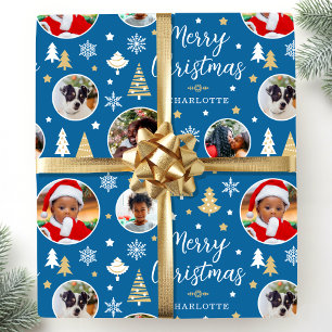 Stylish Christmas Trees Photo Name Blue Wrapping Paper