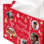 Stylish Christmas Trees Photo Name Red Large Gift Bag<br><div class="desc">Make your gift extra special with this personalised gift bag. There are five photos for you to replace with your own family,  friends or pets! A stylish holiday design featuring festive Christmas trees,  snowflakes and stars in red,  white and gold colour.</div>