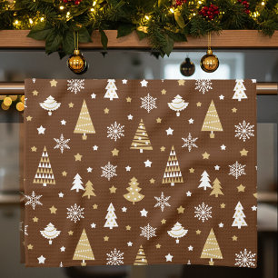 Stylish Christmas Trees & Snowflakes Pattern Brown Tea Towel