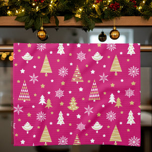 Stylish Christmas Trees & Snowflakes Pattern Pink Tea Towel