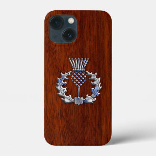 Stylish Chrome and Mahogany Wood Scottish Thistle iPhone 13 Mini Case
