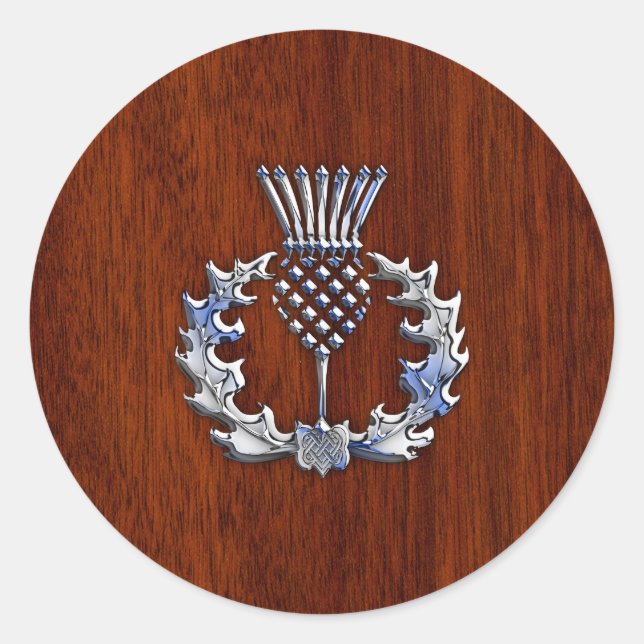 Stylish Chrome and Mahogany Wood Scottish Thistle Classic Round Sticker (Front)