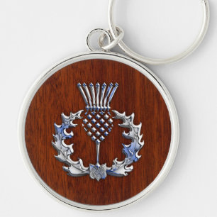 Stylish Chrome and Mahogany Wood Scottish Thistle Key Ring
