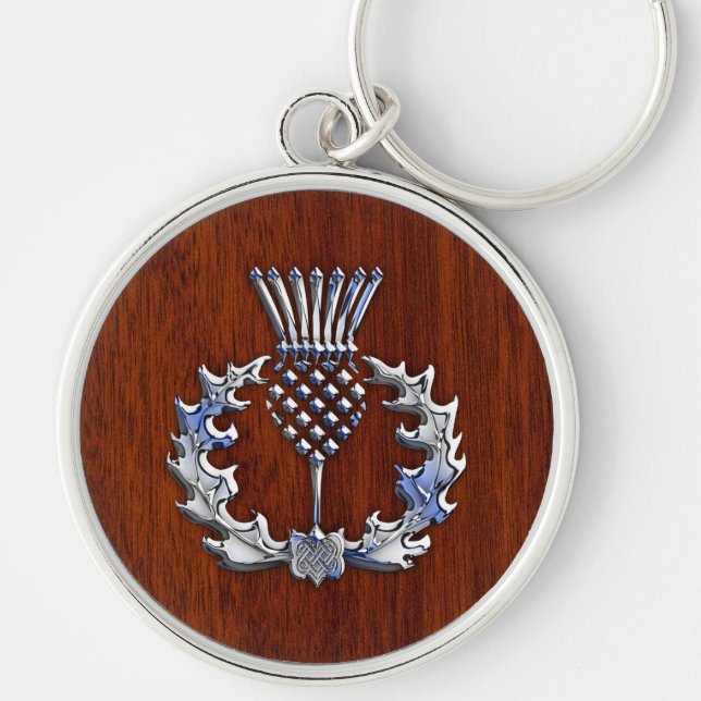 Stylish Chrome and Mahogany Wood Scottish Thistle Key Ring (Front)