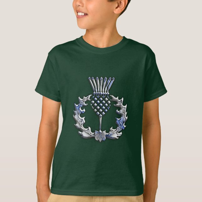 Stylish Chrome and Mahogany Wood Scottish Thistle T-Shirt (Front)