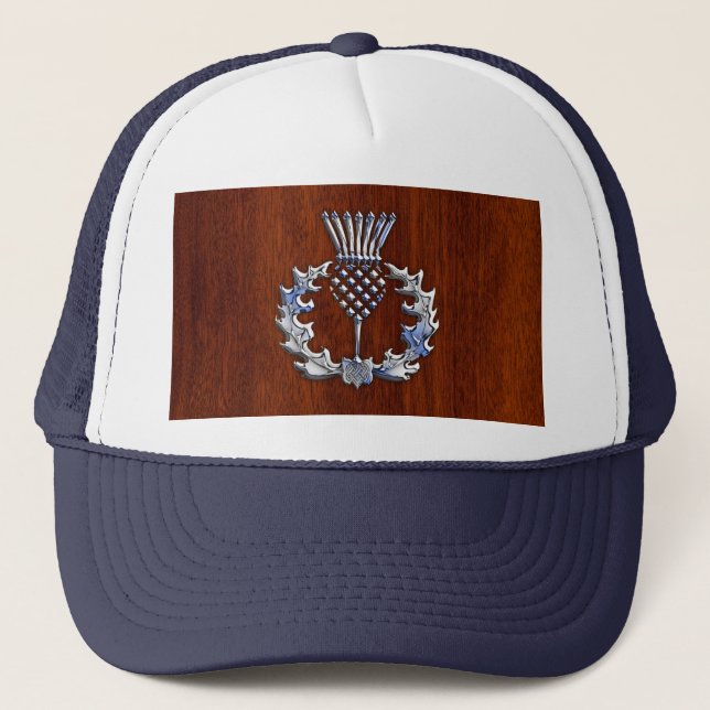 Stylish Chrome and Mahogany Wood Scottish Thistle Trucker Hat (Front)