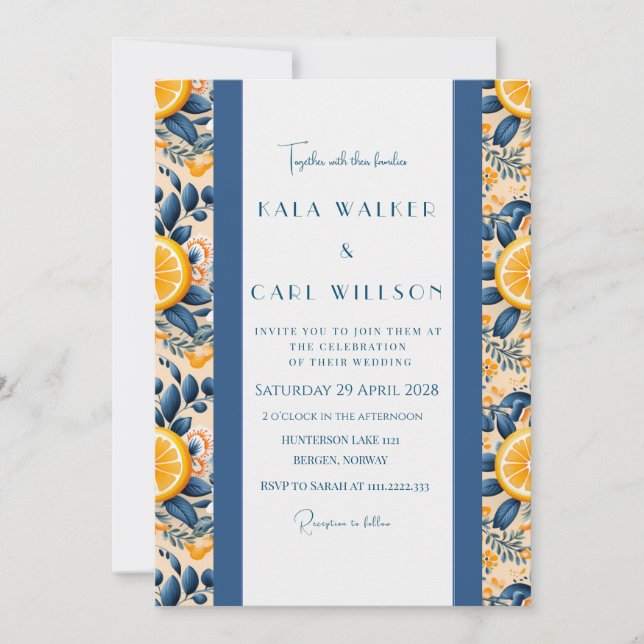 Stylish Citrus And Blush Pink Wedding Invitation (Front)