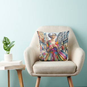 Stylish City Woman Shopper Cushion