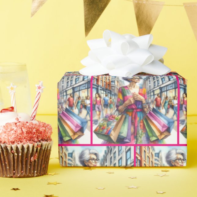 Stylish City Woman Shopper Wrapping Paper (Birthday Party)