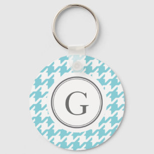 Stylish classic aqua blue houndstooth monogram key ring