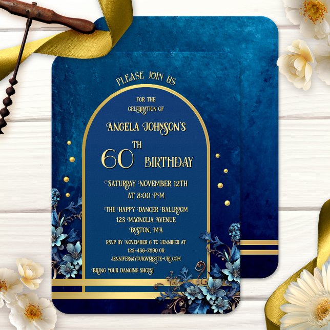 Stylish Classic Blue Gold Floral Birthday Invitation (Adult birthday party invitation featuring a classic blue design with flowers and golden accents)