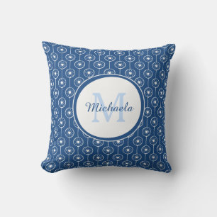 Stylish Classic Blue Monogrammed Name Heart Dots Cushion