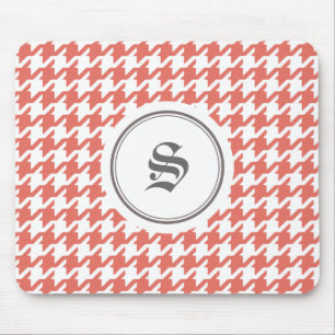 Stylish classic coral red houndstooth monogram mouse mat