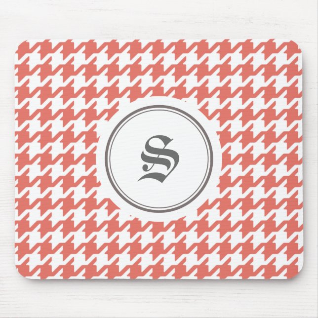 Stylish classic coral red houndstooth monogram mouse mat (Front)