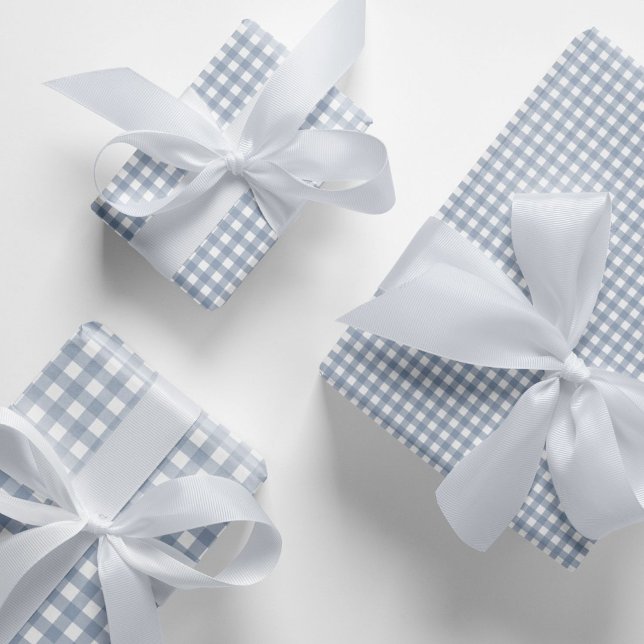 Stylish Classic Dusty Blue Gingham Check Pattern  Wrapping Paper Sheet (Dusty blue gingham wrapping paper. Elegant blue and white gingham checks pattern gift wraps.)
