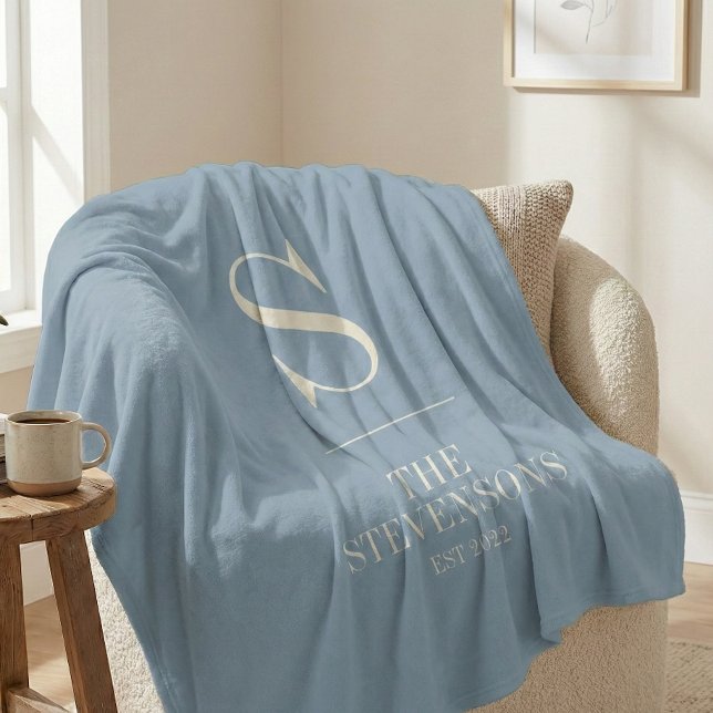 Stylish Classic Family Monogram Est Dusty Blue Fleece Blanket (Creator Uploaded)