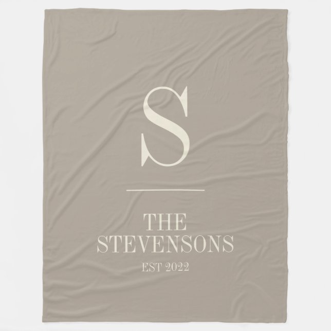 Stylish Classic Family Monogram Est Taupe Brown Fleece Blanket (Front)