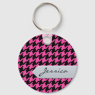 Stylish classic pink houndstooth with monogram key ring