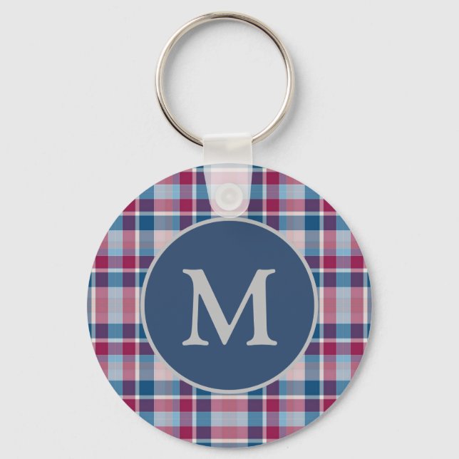 Stylish Classic Plaid Monogrammed Key Ring (Front)