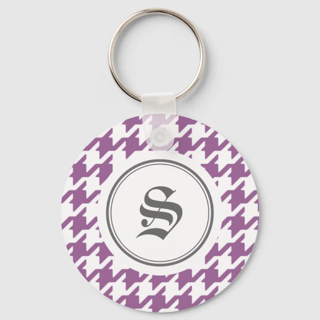 Stylish classic purple houndstooth with monogram key ring (Front)