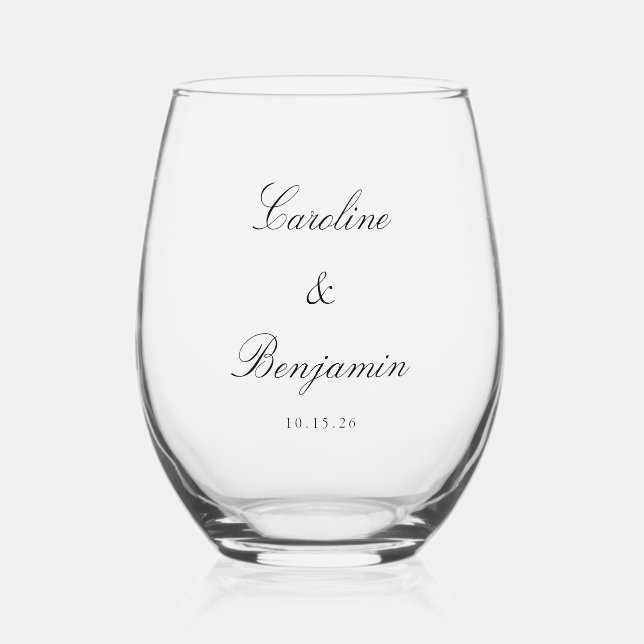Stylish Classic Script Elegant Wedding Custom  Stemless Wine Glass (Front)