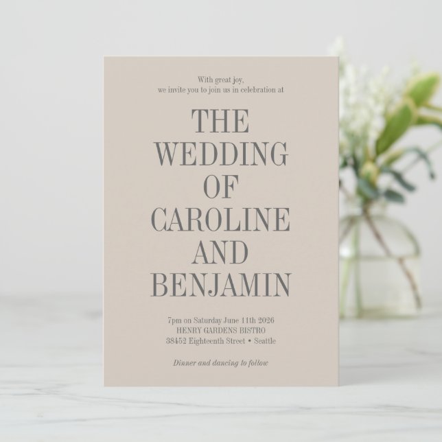 Stylish Classic Typography Elegant Beige Wedding Invitation (Standing Front)