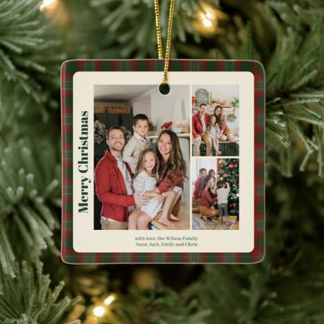 Stylish Classy Plaid 3 photos Christmas  Ceramic Ornament (Creator Uploaded)