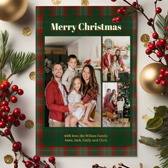 Stylish Classy Plaid 3 photos Christmas  Foil Holiday Card (Creator Uploaded)