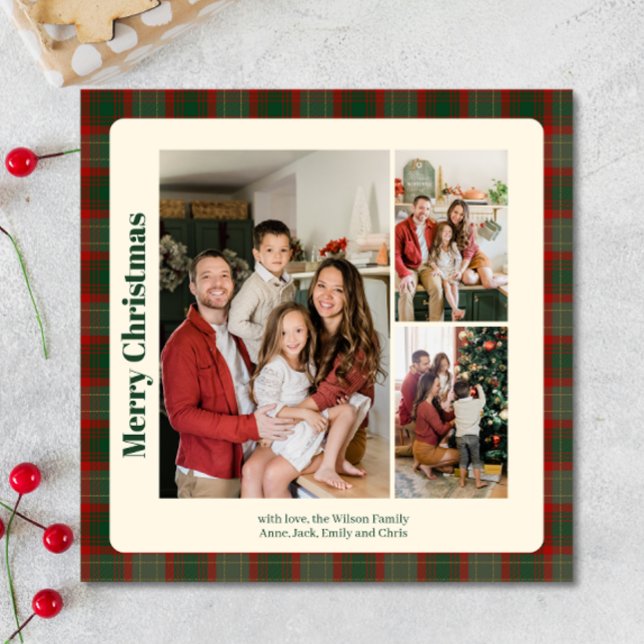 Stylish Classy Plaid 3 photos Christmas  Holiday Card (Creator Uploaded)