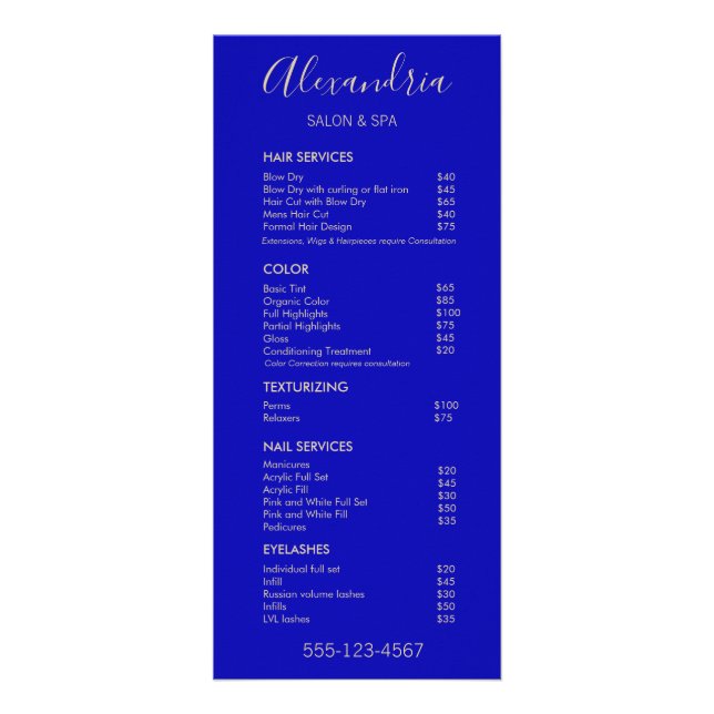 Stylish Cobalt Blue Salon Service Menu (Front)