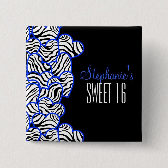 Stylish Cobalt Sweet 16 Zebra Heart Design Name  15 Cm Square Badge (Front)