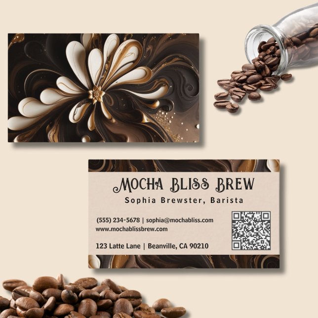 Stylish Coffee Lover QR Code Business Card Design (Mocha Coffee Inspired Business Cards with QR Code )
