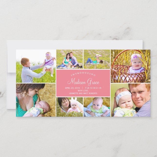 Stylish Collage Birth Announcement - Pink (Front)
