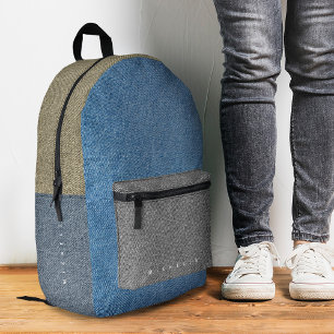 Stylish Color Block Denim Blue Grey Gold Jeans  Printed Backpack