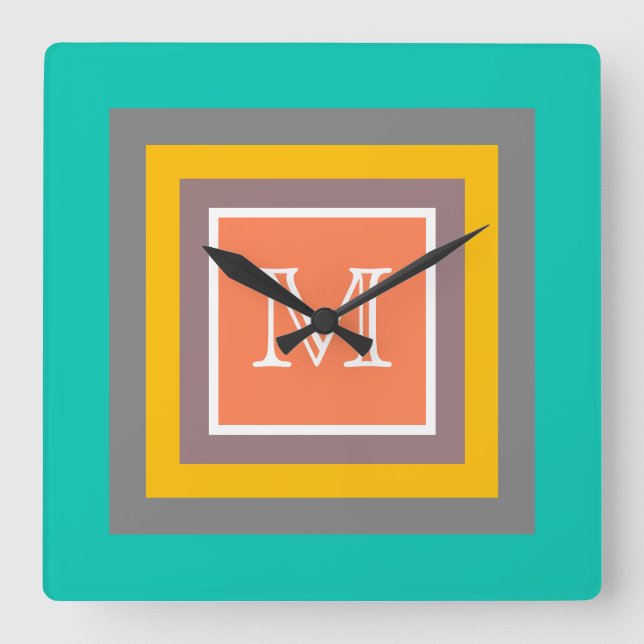 Stylish Color Square Modern Monogram Wall Clock (Front)